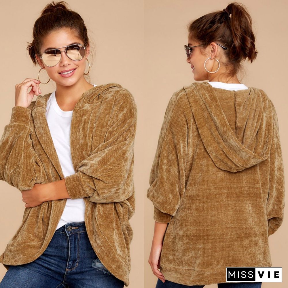 Thicken Plain Loose Velvet Coat With Hat