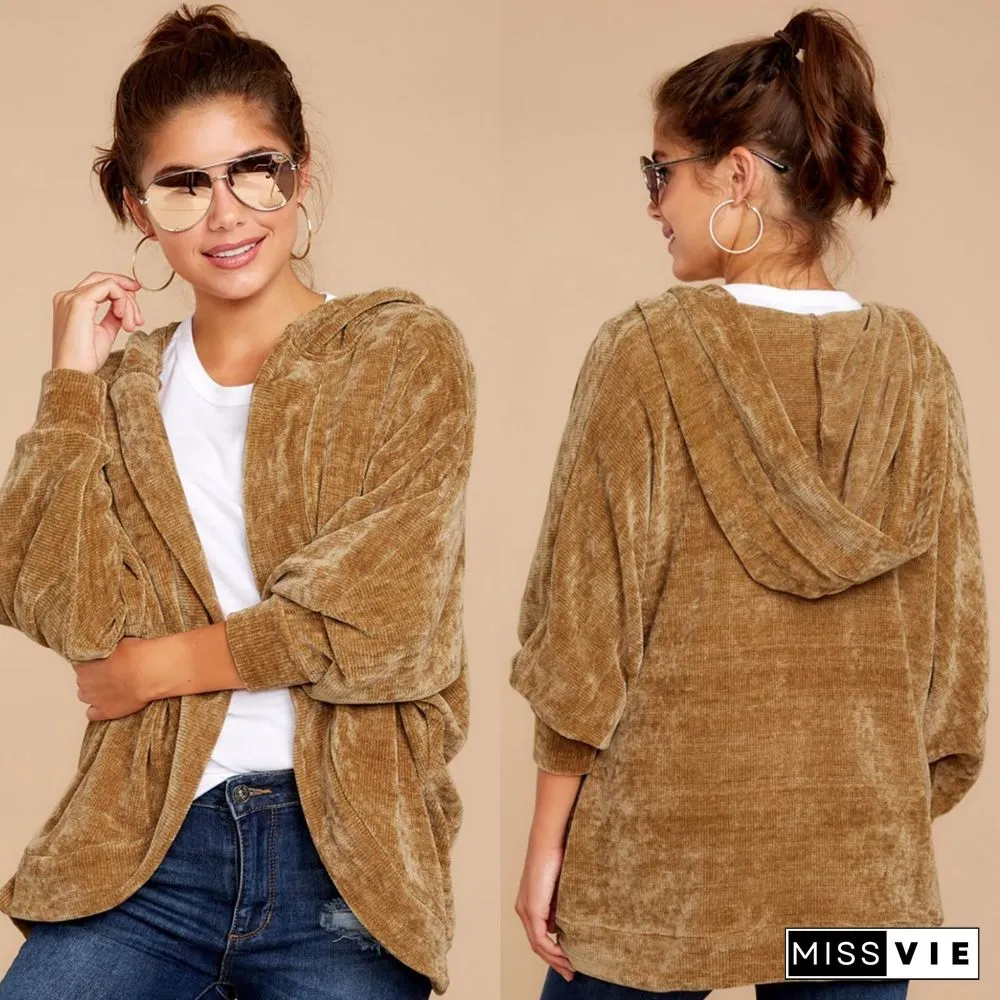Thicken Plain Loose Velvet Coat With Hat