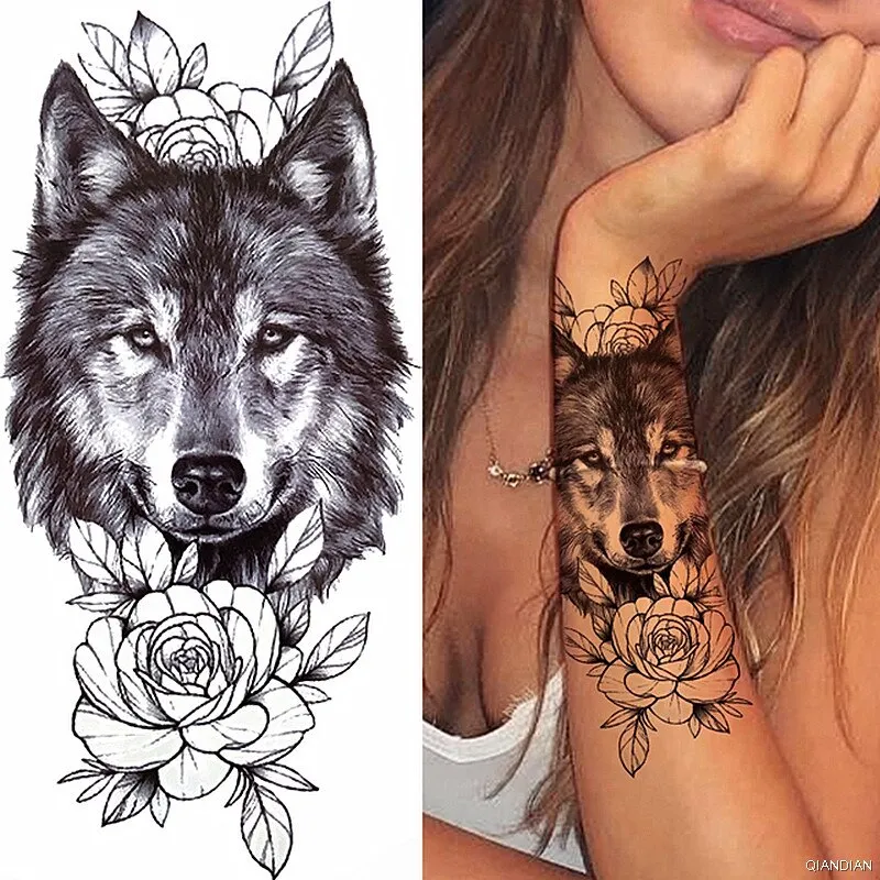 Black Sexy Flower Temporary Tattoos Sticker Arm Sleeve Rose Tree Skull Lion Bear Snake Henna Body Decorate Fake 3D Women Totem