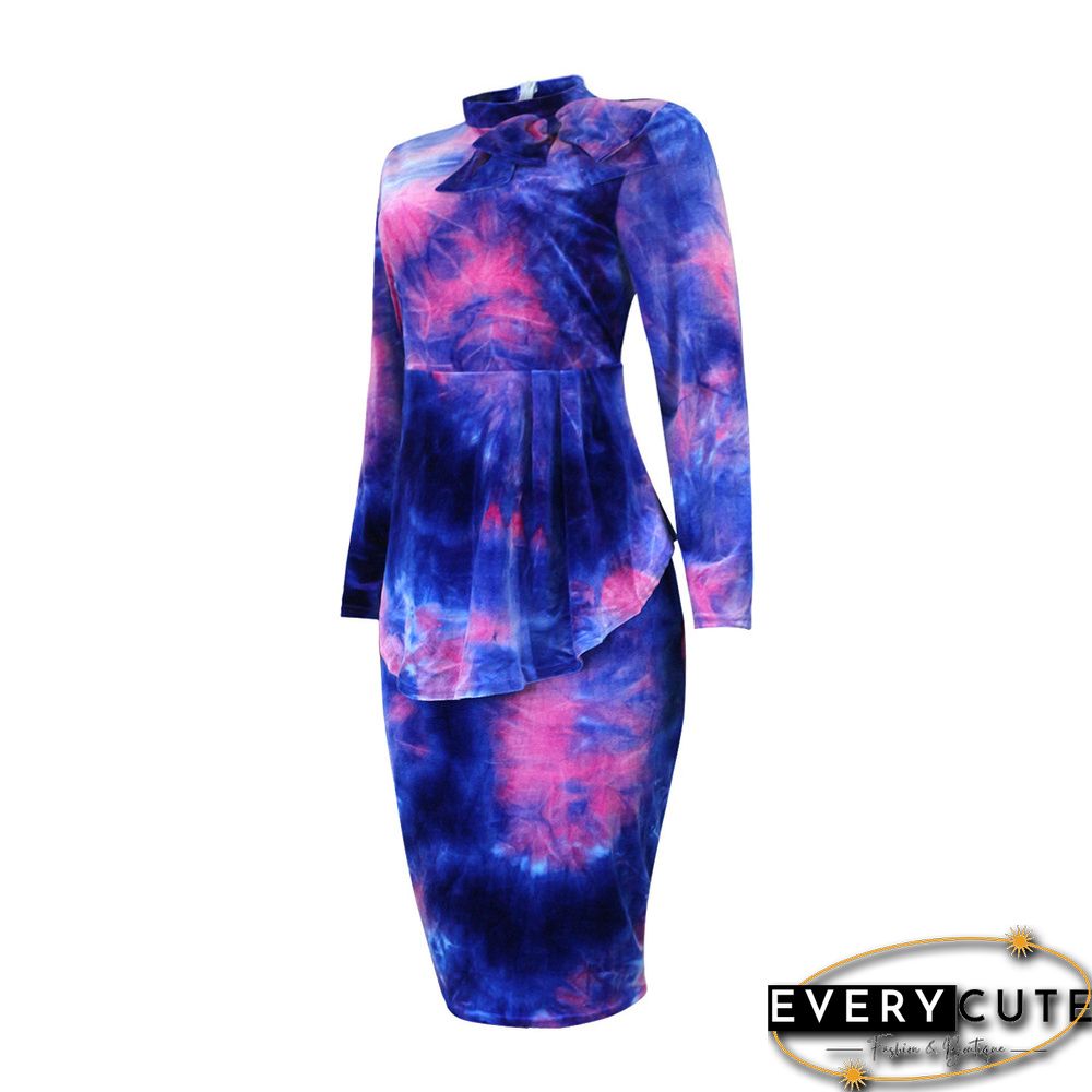 Pink Korea Velvet Bowknot Detail Plus Size Dress