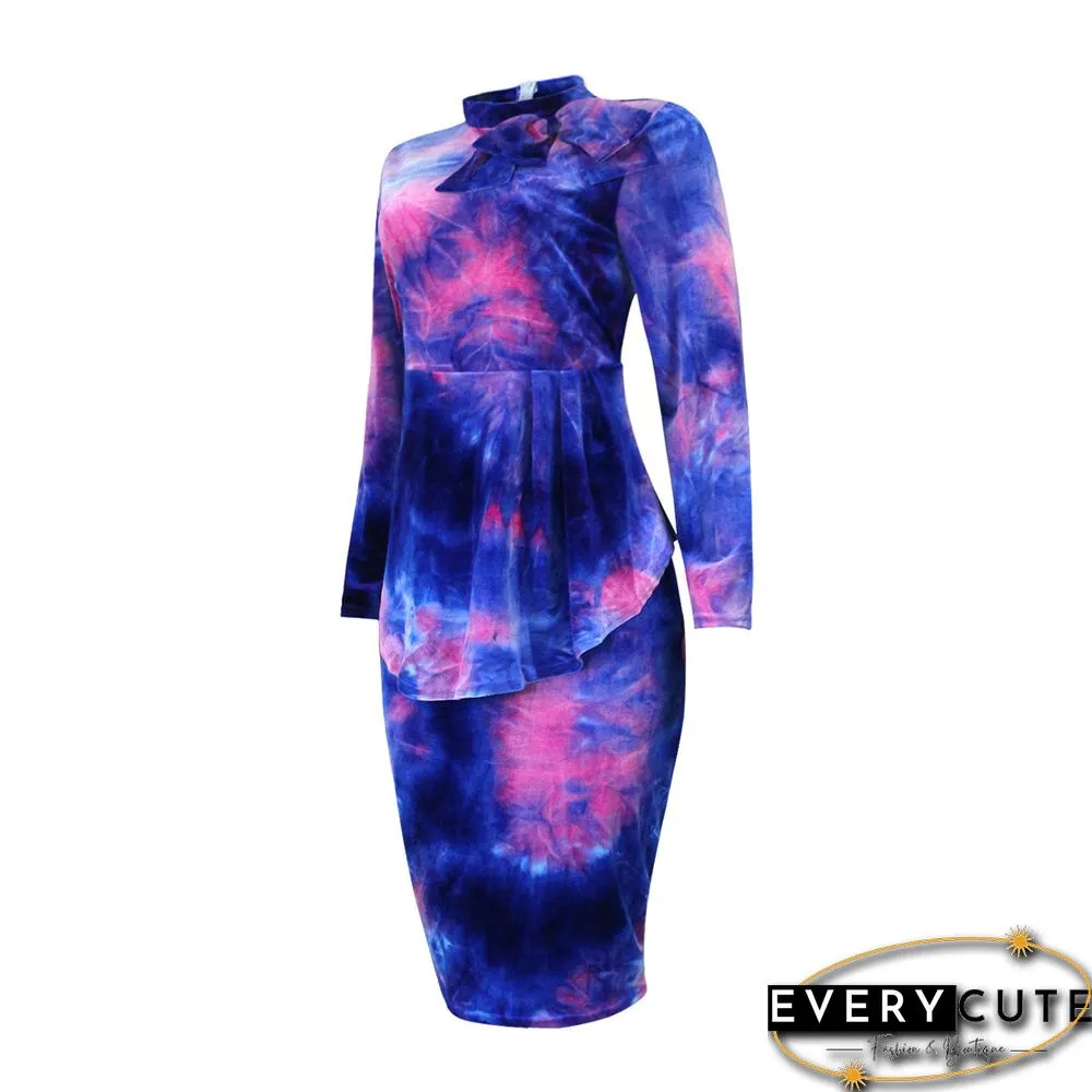 Pink Korea Velvet Bowknot Detail Plus Size Dress