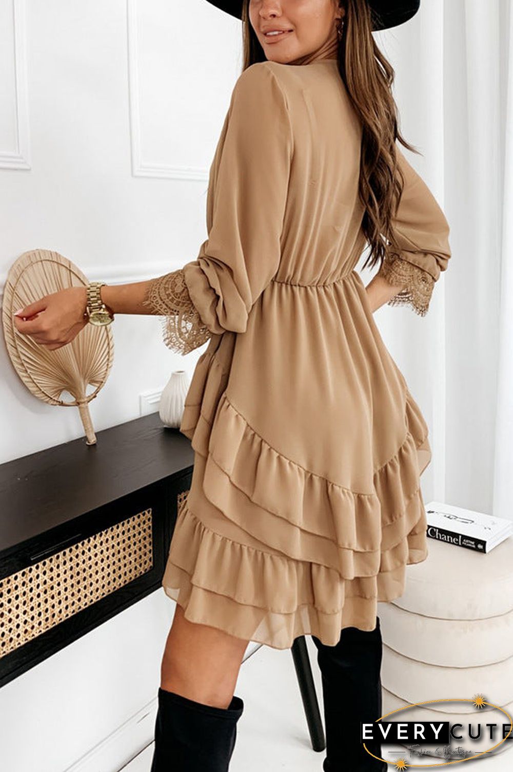 Cross V Neck Solid Color Mini Dress