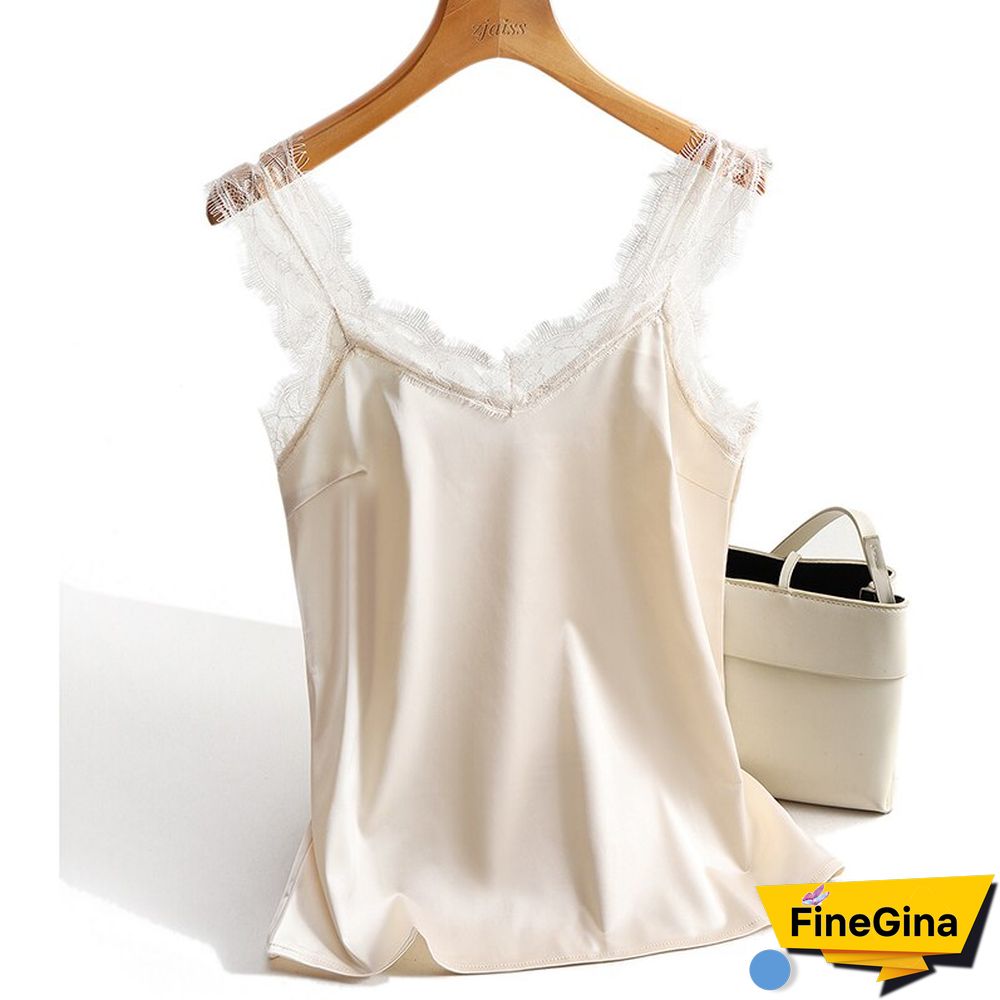 Sexy Lace Tank Tops Women Silk Sleeveless V Neck Womens Camisole Halte Tank Top Feminino Slim White Summer Woman Clothe
