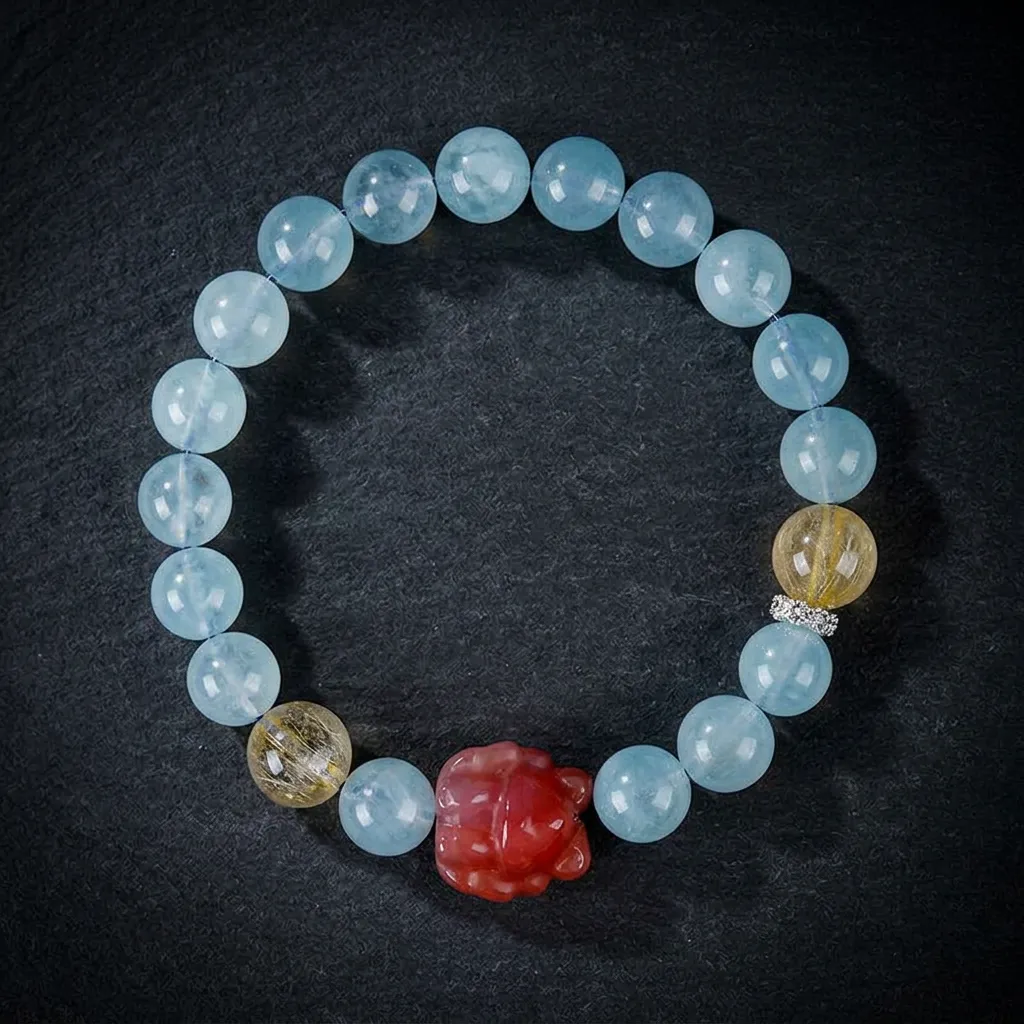 Celestial Fox: Natural Aquamarine & Golden Rutilated Quartz Bracelet Ocean Blue & Crimson Fox (Natural Stones)-10mm