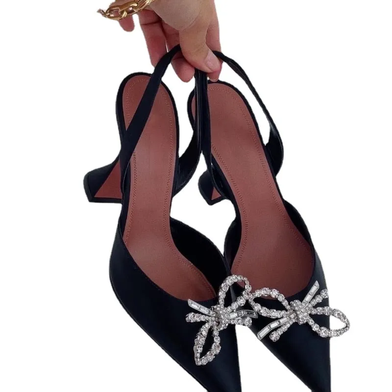 2021summer New Stiletto Heel Pointed Toe Strap High-Heeled Sandals Women's Rhinestone Bow Pumps