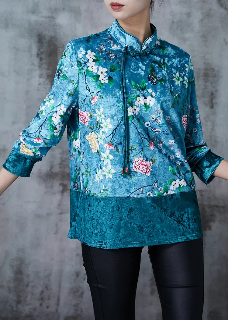 Royal Green Patchwork Silk Velour Oriental Top Tasseled Print Fall