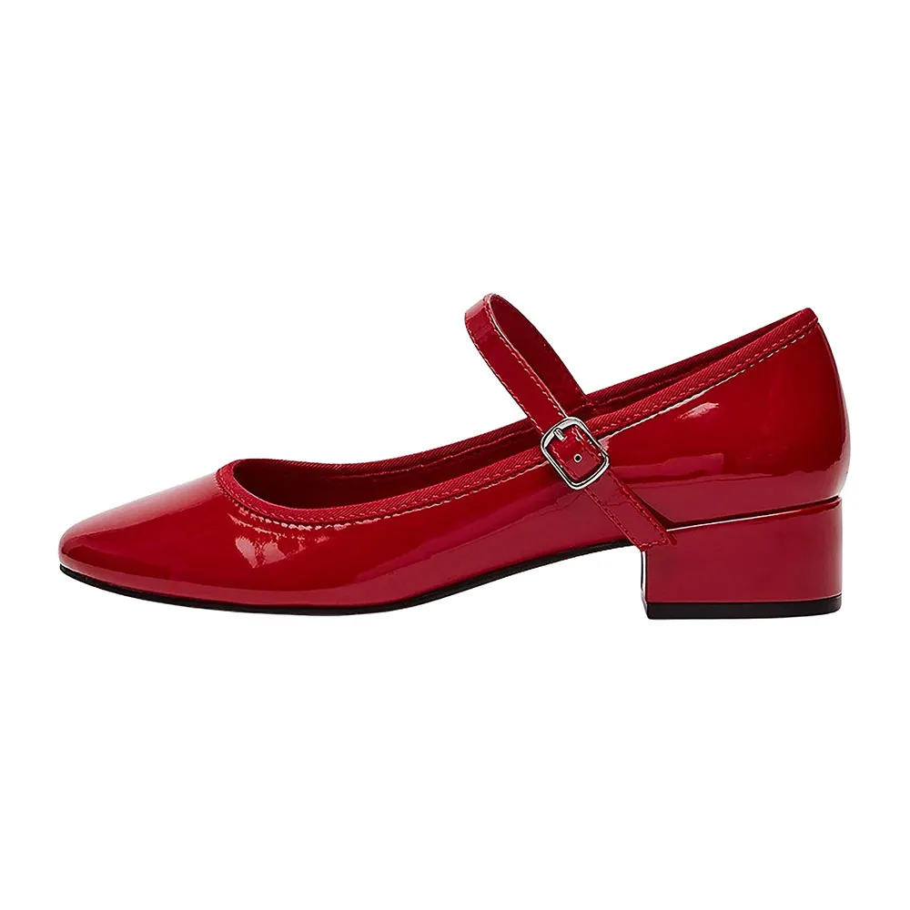 Patent Leather Round Toe Low Heel Mary Jane Red Pumps with Buckle