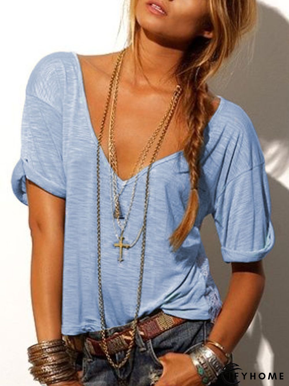 Casual Solid V Neck Top | IFYHOME