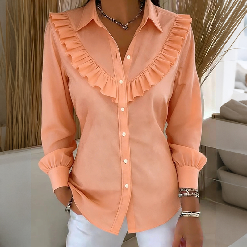 Women's Solid Color Ruffle Buttton Blend Loose Shirt elevenforest