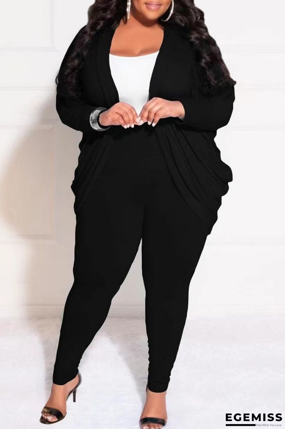 Black Casual Solid Cardigan Pants Cardigan Collar Plus Size Two Pieces | EGEMISS