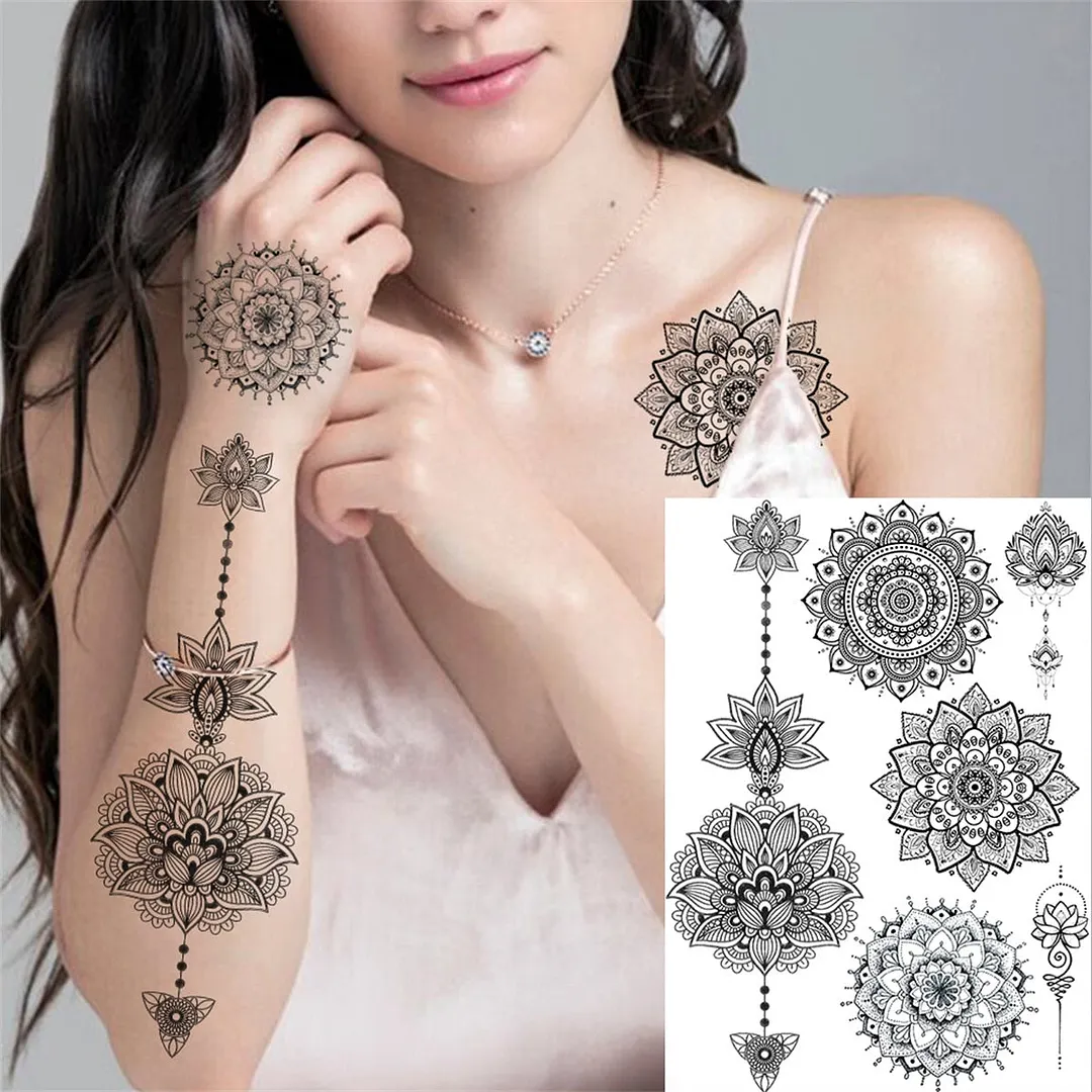 Sexy Black Henna Temporary Tattoos For Women Girls Lotus Flower Lace Tattoo Sticker Fake Jewelry Mandala Body Chest Tatoos Paper