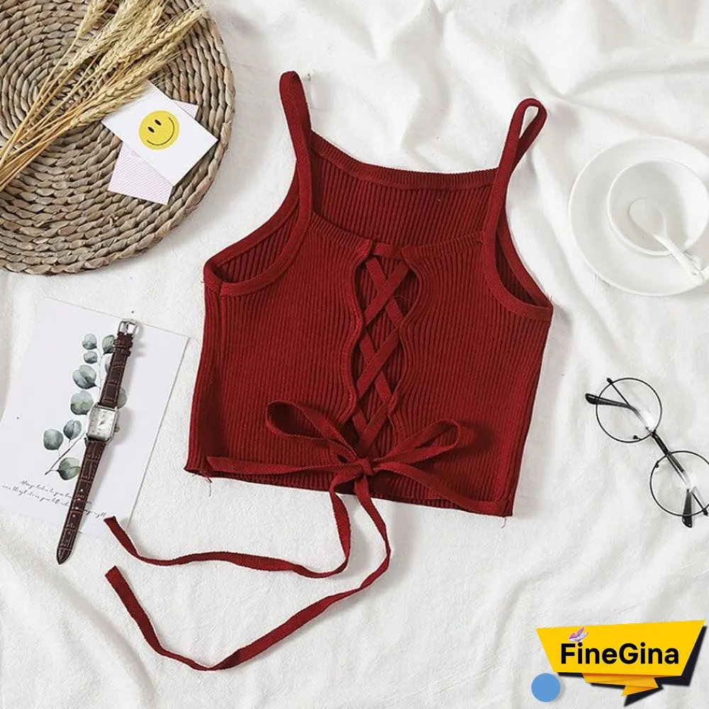 Women Crop Top Knitted Bandage Tops Spaghetti Club Camis Halter Tank Top Female Bare Midriff Solid Camisole Summer