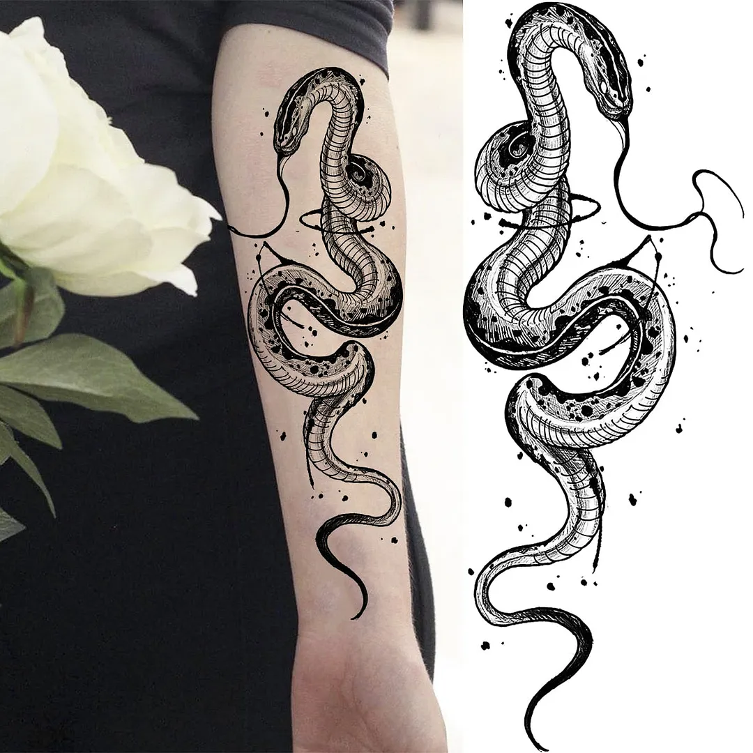 Black Rose Flower Snake Temporary Tattoos For Women Adult Peony Serpent Fake Tattoo Forearm Body Art Painting Waterproof Tatoos