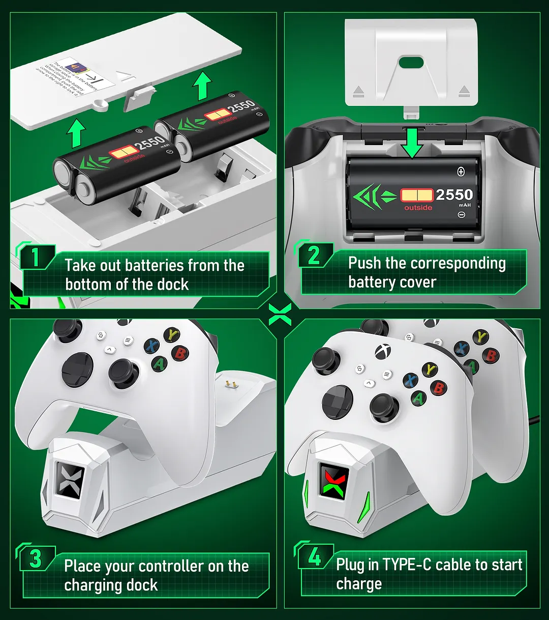 DinoFire Xbox Controller Charger with Dual Charging Station Dock with 2x2550mAh Rechargeable Battery Packs for Xbox One/Series X|S Accessories-White