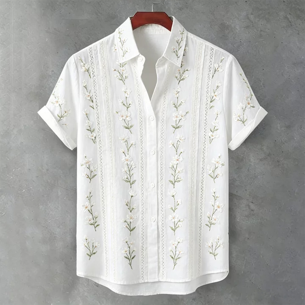 Vintage White Cherry Blossom Art And Lace Texture Cotton Linen Lapel Short Sleeve Shirt  artssus