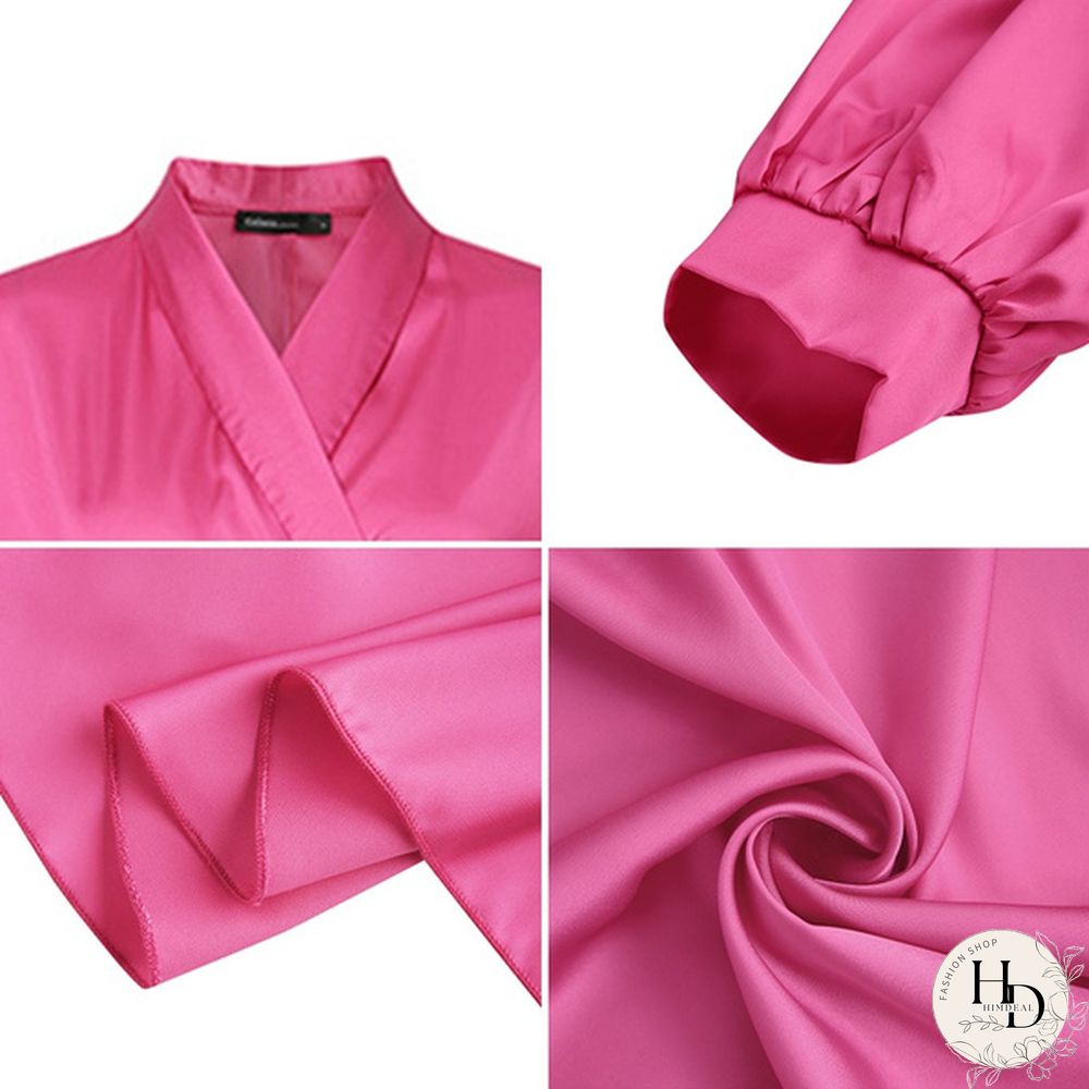 Women Silk Swing Mini Dress Lantern Long Sleeve V Neck Solid Color Party Casual Fashion Wrap Dress Plus Size