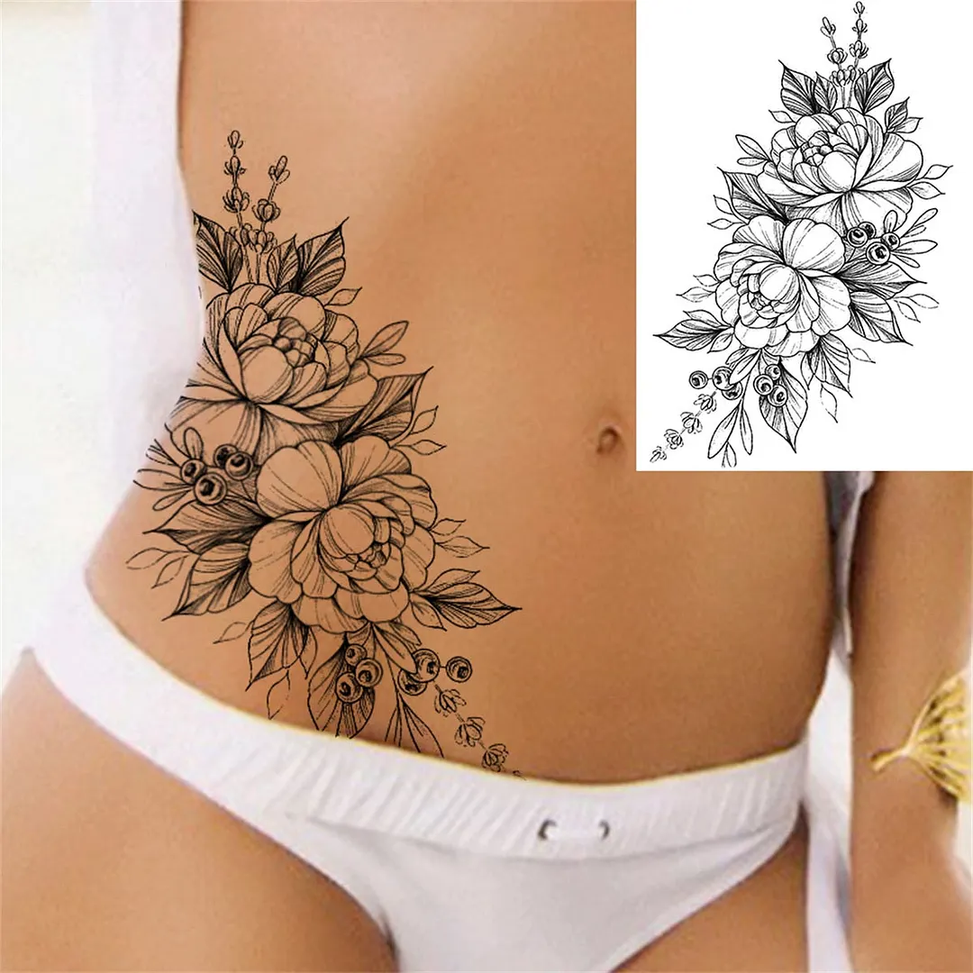 Flower Compass Temporary Tattoo For Women Girls Adult Rose Peony Tattoos Sticker Fake Black Floral Body Art Thigh Tatoos Paper