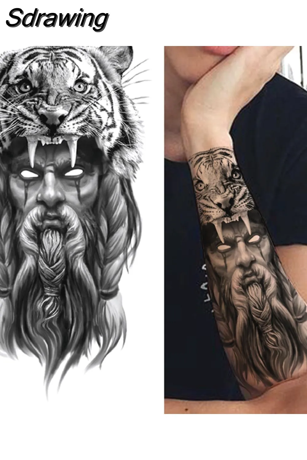 Sdrawing Arm Temporary Tattoos Sleeve For Men Women Realistic Fake Tatoos Warrior Lion Tiger Flower Tatoo Sticker Black Totem Maori 507-1