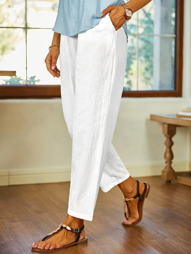 Women'S Casual Cotton And Linen Solid Color Cropped Pants