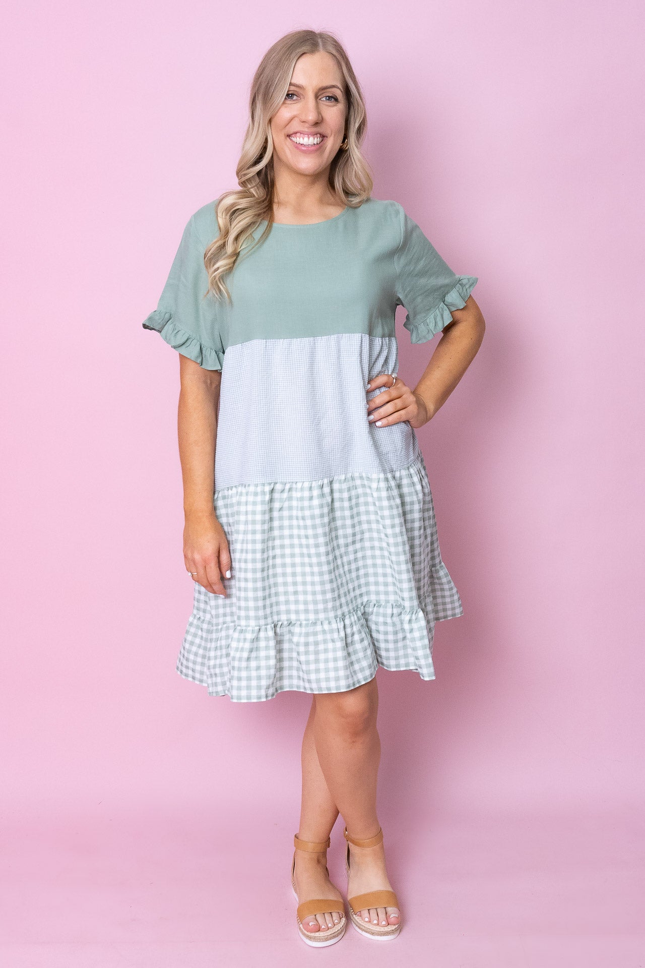 Monica Gingham Dress in Sage