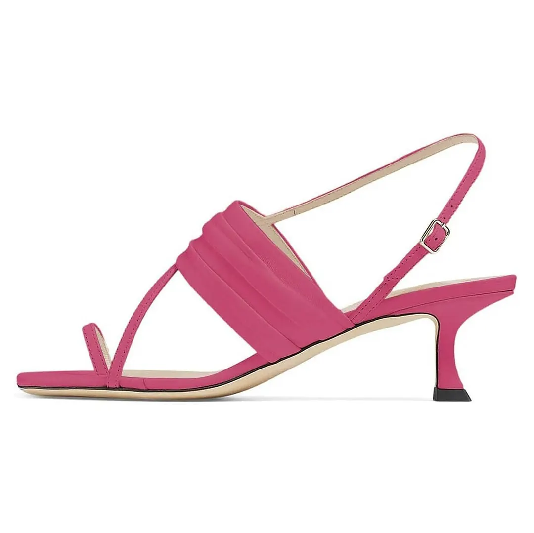 Cute Fuchsia Low Kitten Heel Toe Ring Sandals with Wrinkled Strap