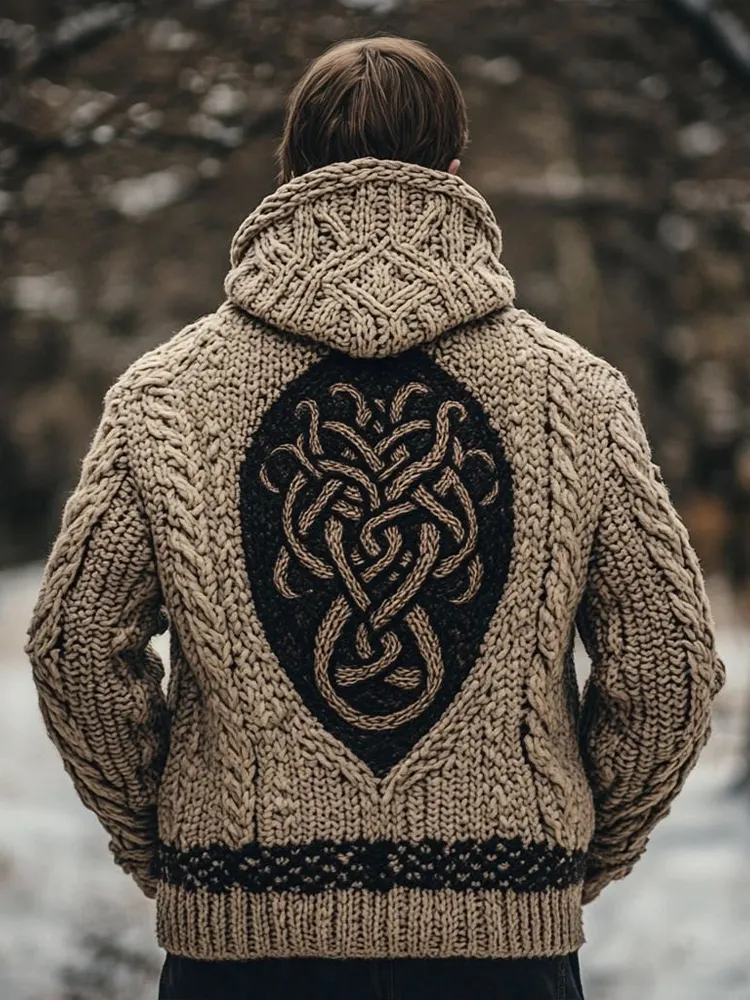Men's Vintage Viking Style Jacquard Knit Hooded Cardigan