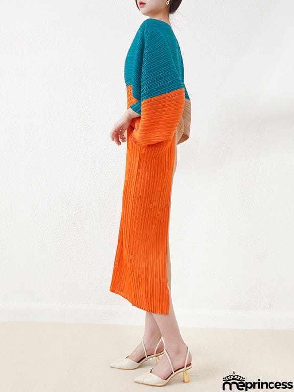 Original Loose Contrast Color Pleated V-Neck Midi Dresses
