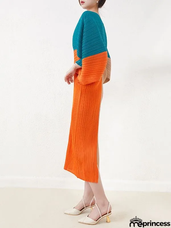 Original Loose Contrast Color Pleated V-Neck Midi Dresses
