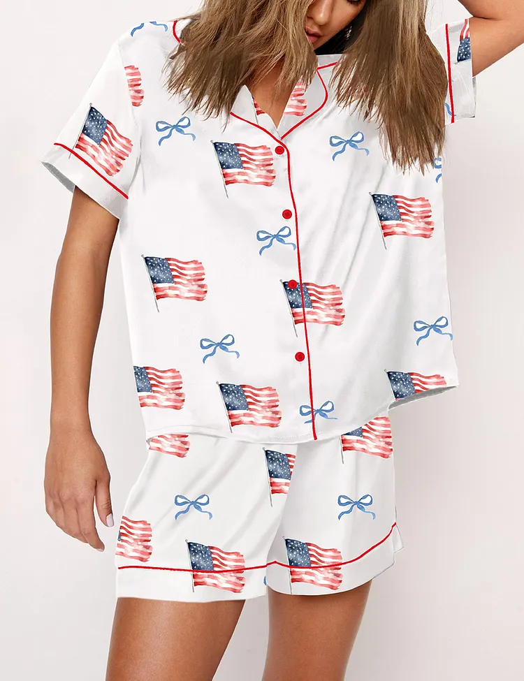 Women&rsquo;s Coquette Bow America Flag 4th Of July Short Sleeve Satin Pajama Set