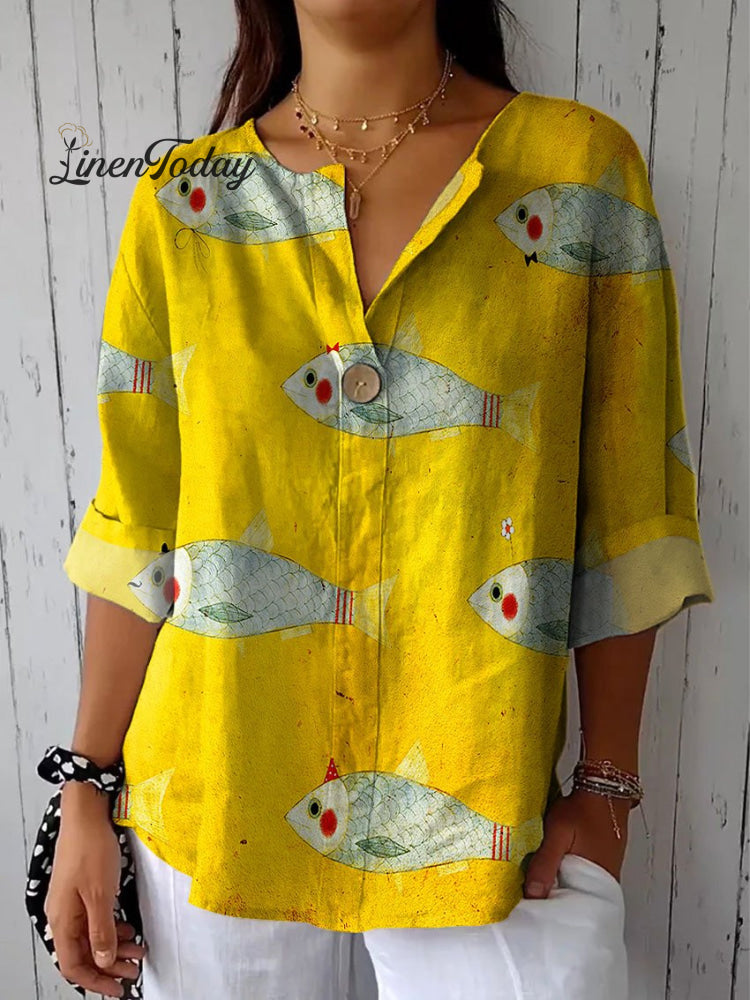 Women&rsquo;s Vintage Fish Art Print Casual Cotton Linen Shirt Multicolor / S