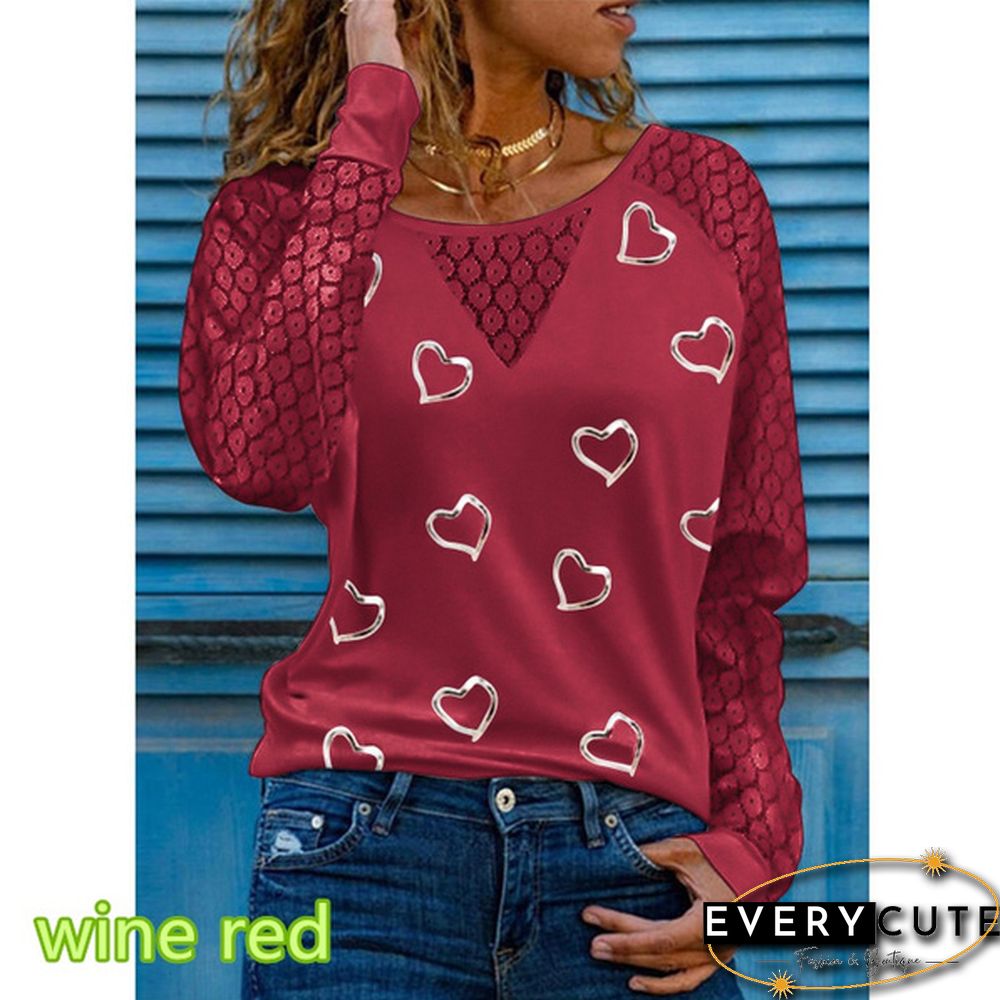 Spring and Early Autumn New Fashion Women's Love Printed Lace Long Sleeve Casual Top Loose Plus Size Soft and Comfortable Round Neck Bottoming Shirt XS-5XL