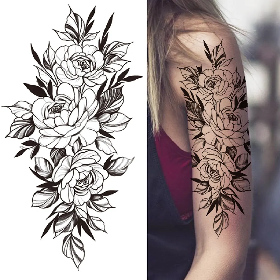 3D Snake Rose Temporary Tattoos For Women Girls Fake Flower Tattoo Sticker Black Death Eaters Dark Mark Mamba Snake Peony Tatoos 515-1