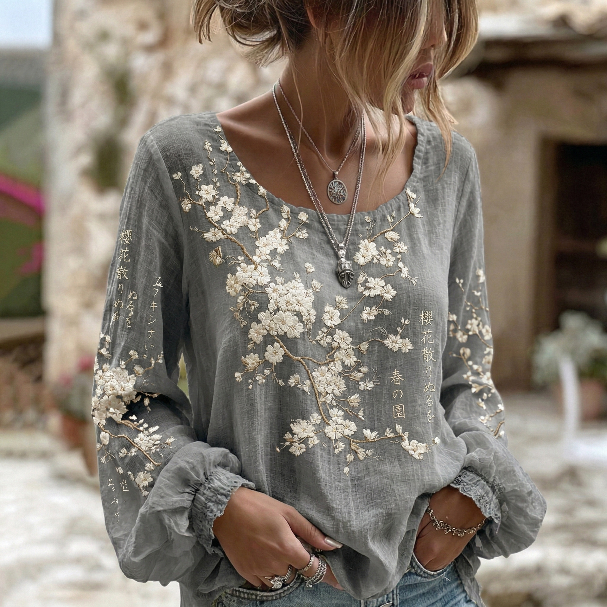 Women's Retro Japanese Cherry Blossom Art Crew Neck Linen Blend T-shirt elevenforest