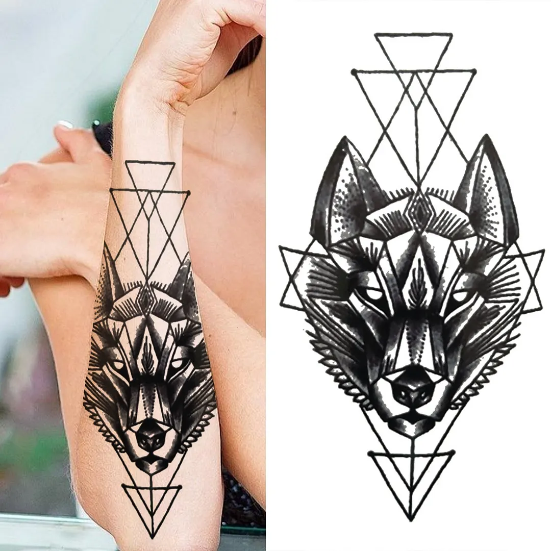 Cross Lion Temporary Tattoo For Women Men Adult Skull Tiger Wolf Forest Tattoo Sticker Black Fake Realistic Demon Tatoos Forearm 530