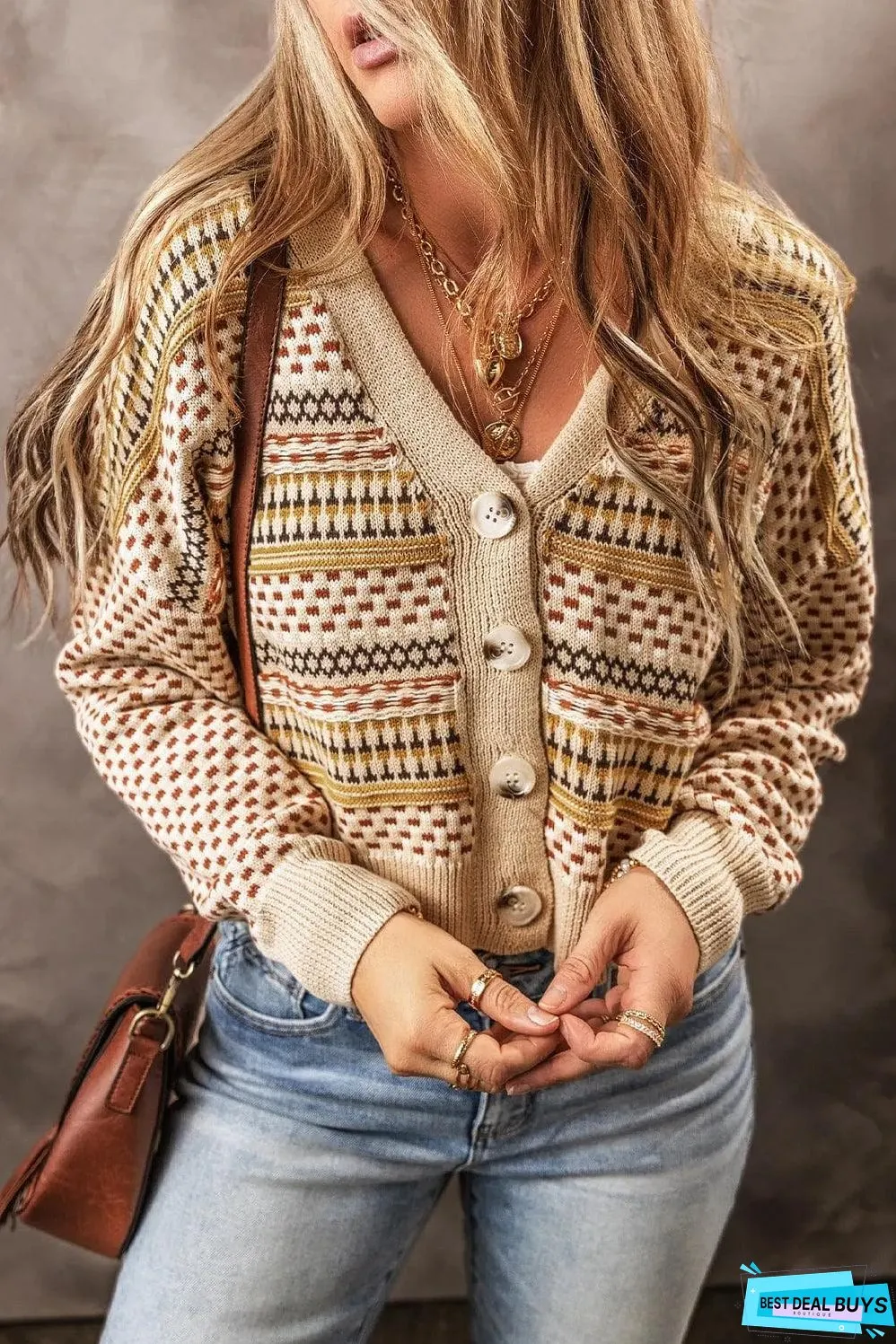Khaki Buttoned V Neck Cropped Cardigan