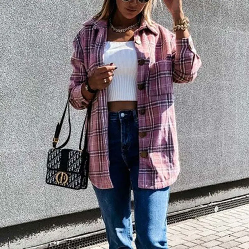 65% Cotton Autumn Plaid Jacket Women Overshirt Loose Winter Checkered Jacket Female Long Sleeve Shirt Jacket For Women 2021