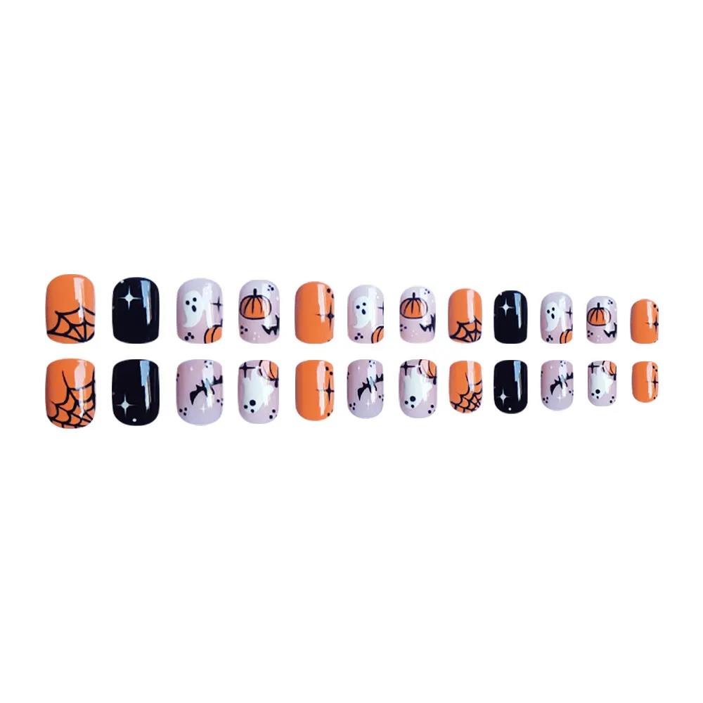 Churchf Churchf Cool Black Ghost Short Square Halloween Holiday Nail Pumpkin Ghost Fake Nail Finished Wear Nail Piece