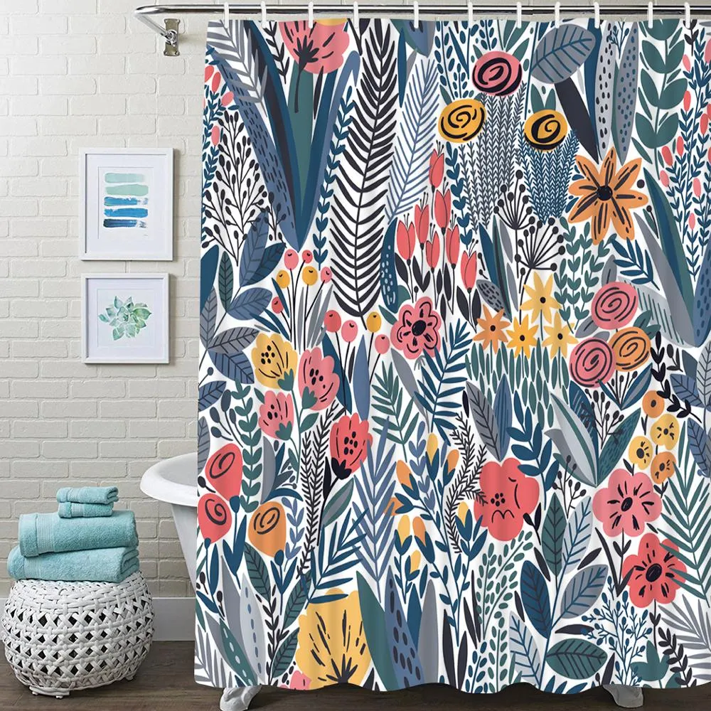 Abstract Floral Shower Curtain Bathroom Tropical Green Leaves Bath Shower Curtain With Hooks Waterproof Bathroom Shower Curtain
