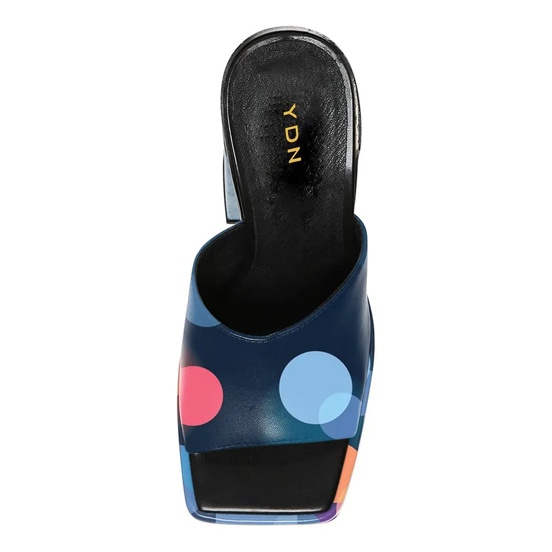 Blue Vegan Leather Square Toe Colorful Printed Inlay Block Heel Mules