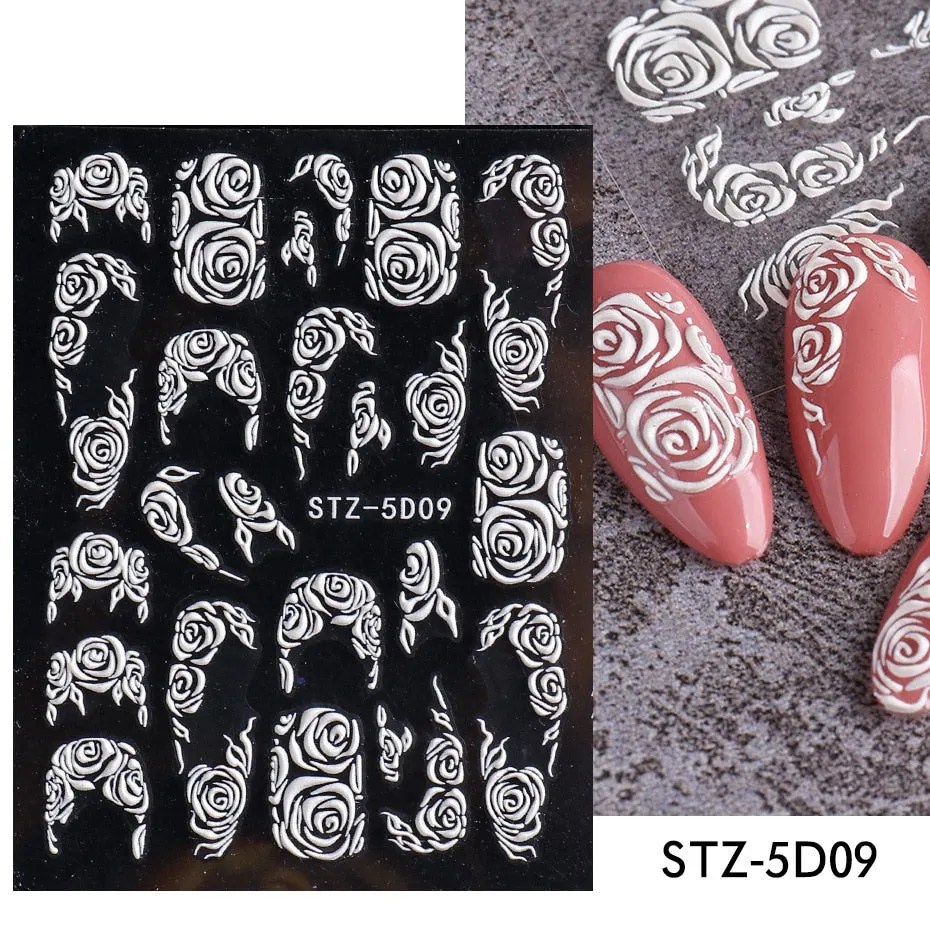 Nail Stickers Embossed 5D Elegant Carved Rose Pattern Designs Back Glue Nail Decals Tips For Beauty Salons-Nail Inspo
