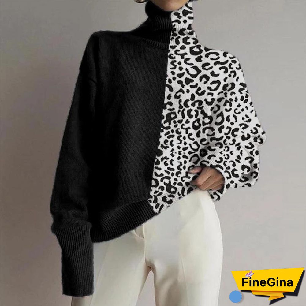 Fashionable Loose High Collar Leopard Stitching Sweater