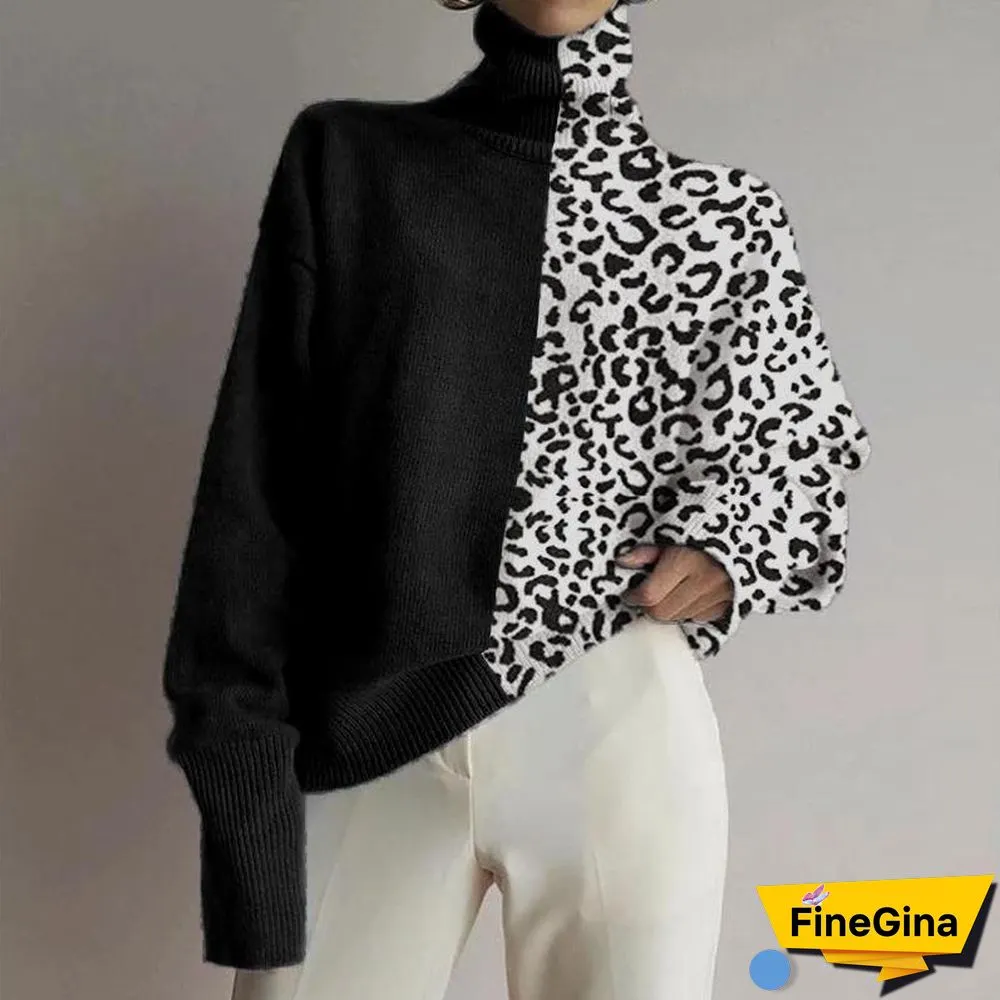 Fashionable Loose High Collar Leopard Stitching Sweater