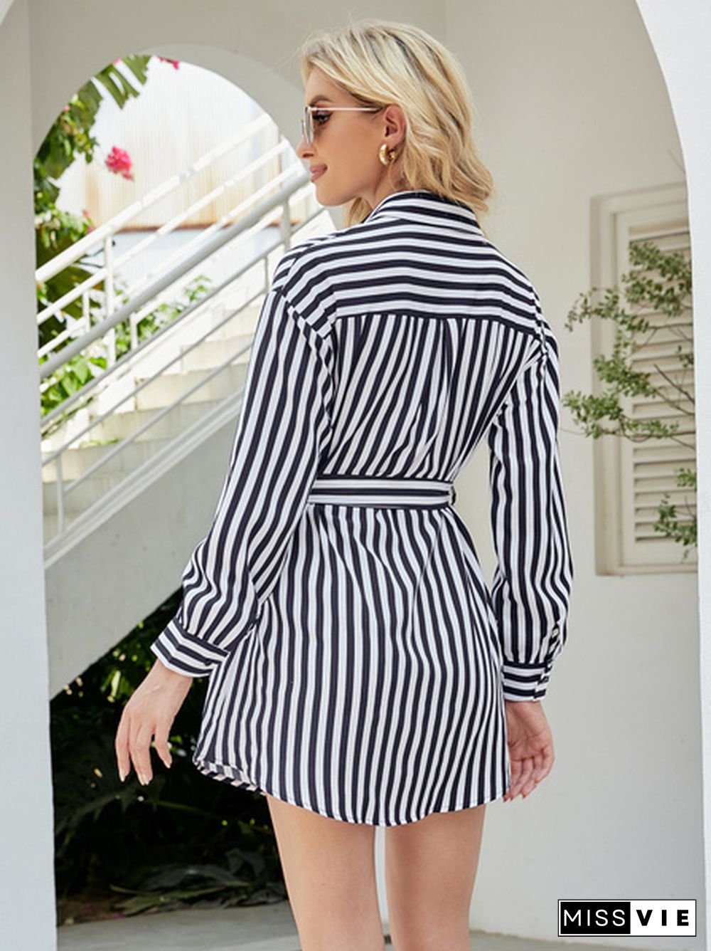 Patch Pocket Belted Striped Shirt Dress