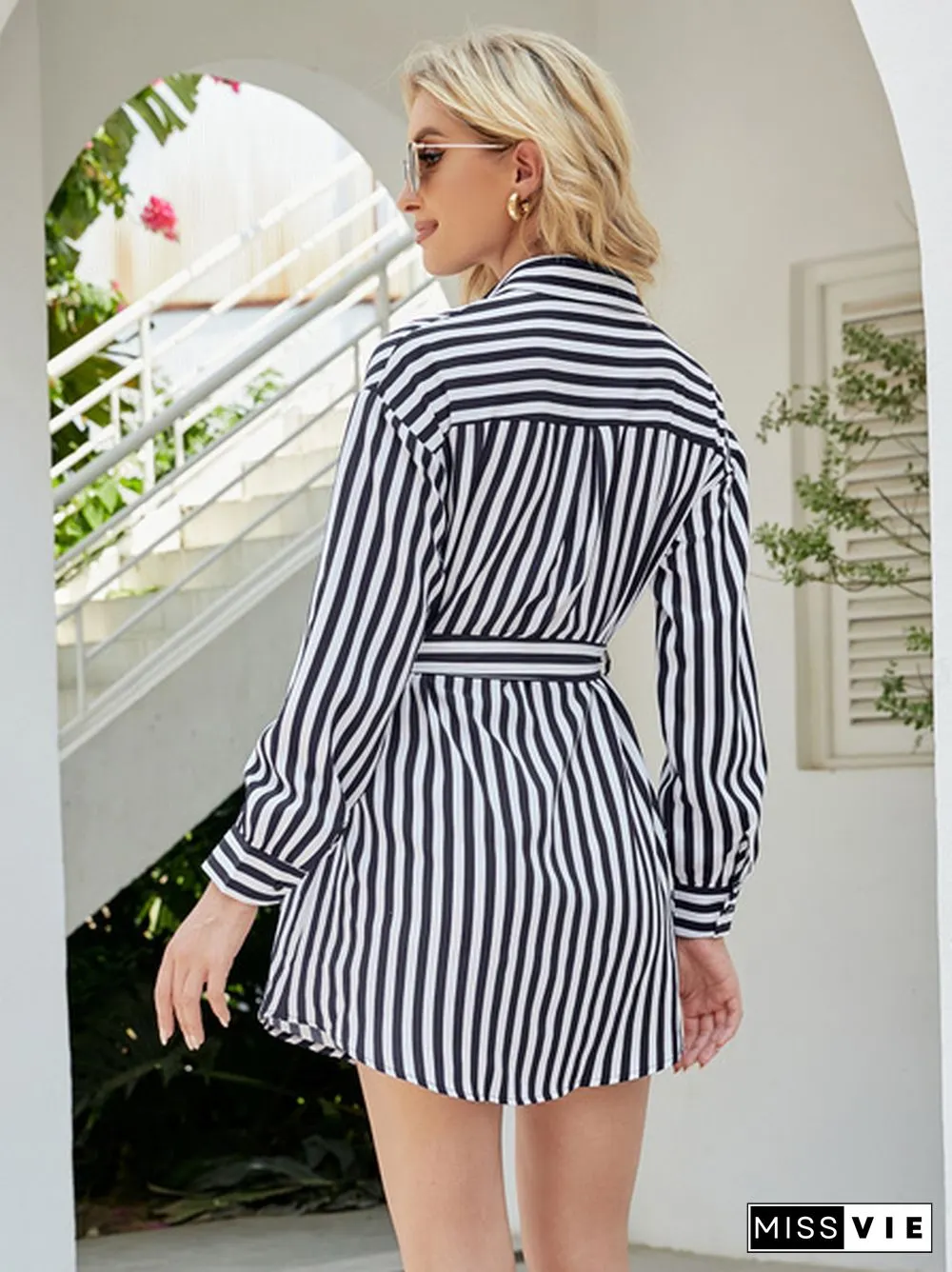Patch Pocket Belted Striped Shirt Dress