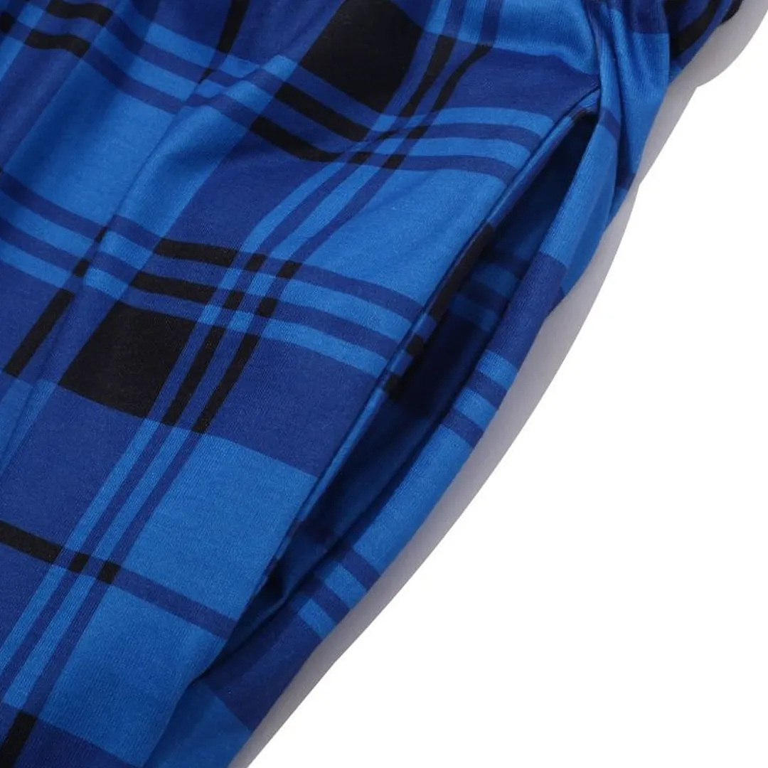 "Merry Christmas" Text and Deer Print Blue & Black Plaid Long Sleeve Christmas Family Matching Pajamas