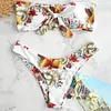ZAFUl Knot Floral Bandeau Bikini Set Women Mid Waist Swimsuit Sexy Bandeau Swimwear Strapless 4-Color Bathing Suit Biquni