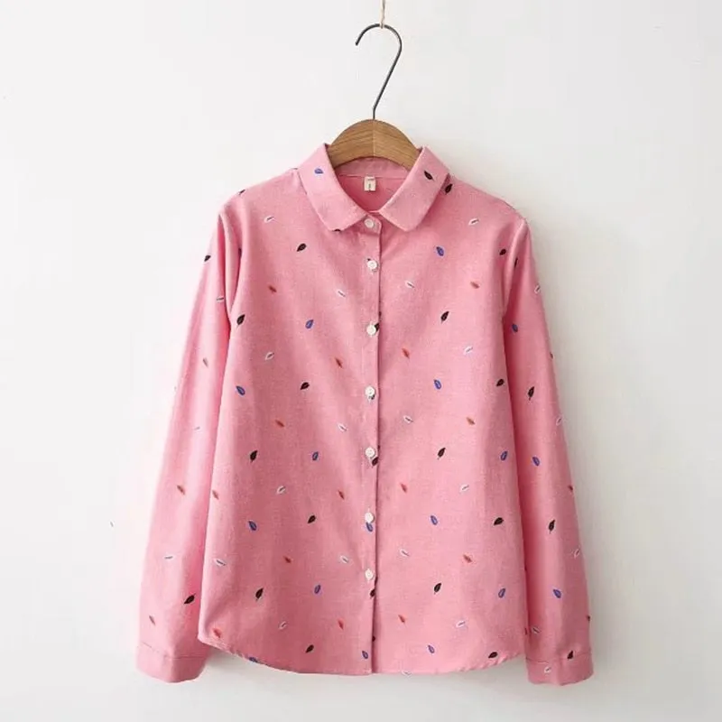 2019 New White Cotton Leaf Print Blouse Female Casual Long Sleeve Top Turn Down Collar Feminina Plus Size Blusas Girls Shirt F