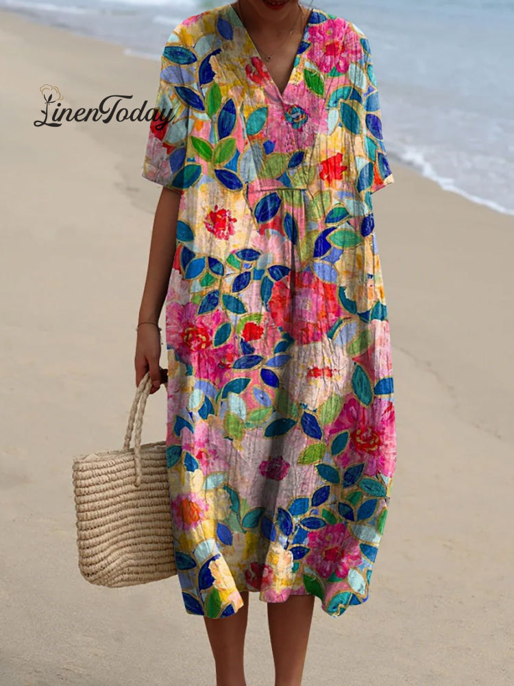 Women&rsquo;s Flower Watercolor Splash Fluid Art Print Flowy Dress Multicolor / S