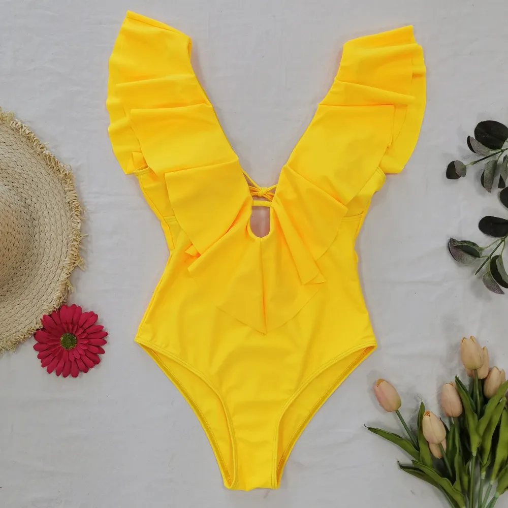 Churchf Printed Flowers Even Lotus Leaf Side Body Swimsuit Women 2025 New Swimsuit Bare Back