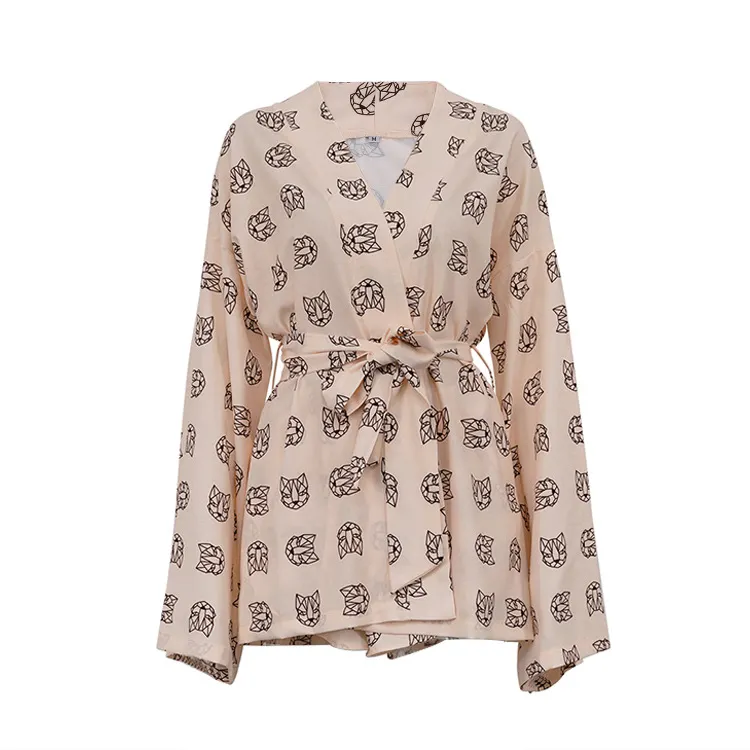 Churchf Churchf New Loose Print Women's Casual Tie Long Sleeve Pajamas High Waist Shorts Set Home Clothes